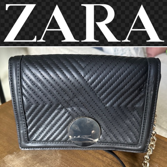 Zara Faux Leather Crossbody Clutch Bag Black With Gold Hardware - Picture 1 of 10